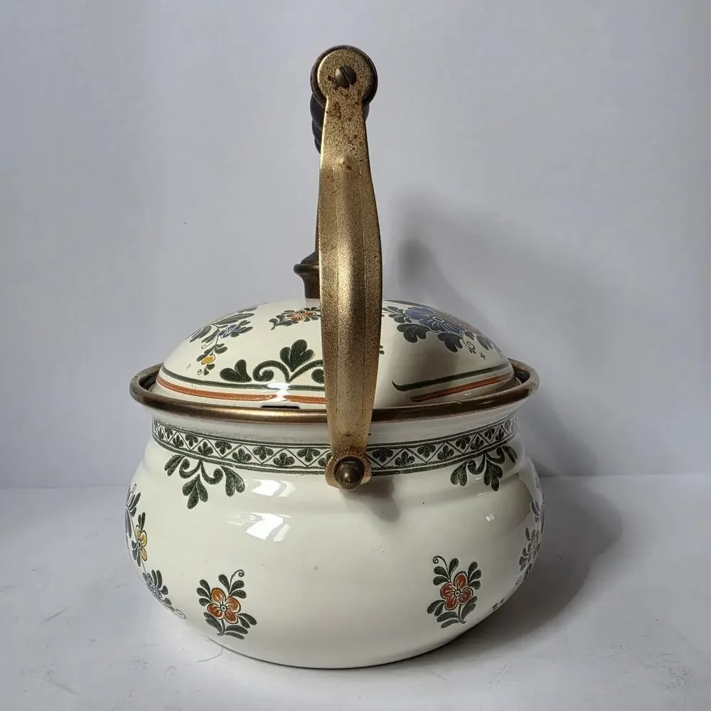 Vintage ASTA Germany Enamel Tea Kettle With Warmer Stand Floral Mid Century
